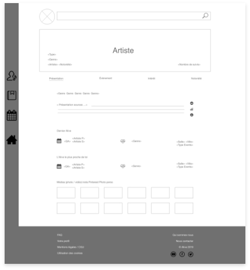 Wireframe de la page artiste pour Alive 