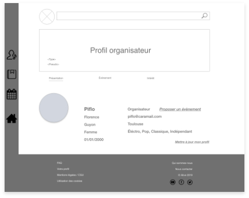 Wireframe de la page profil organisateur pour Alive 