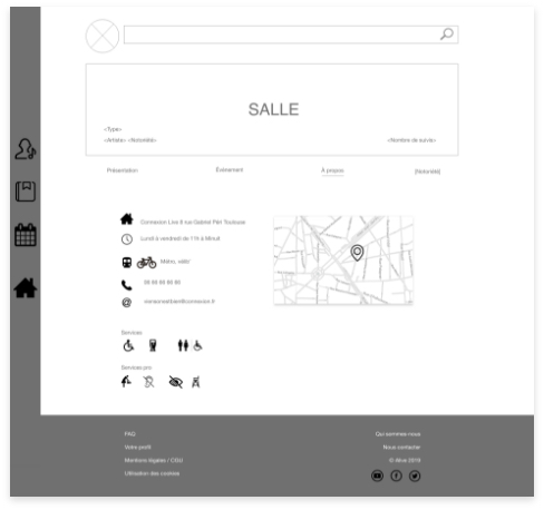 Wireframe de la page lieu pour Alive 